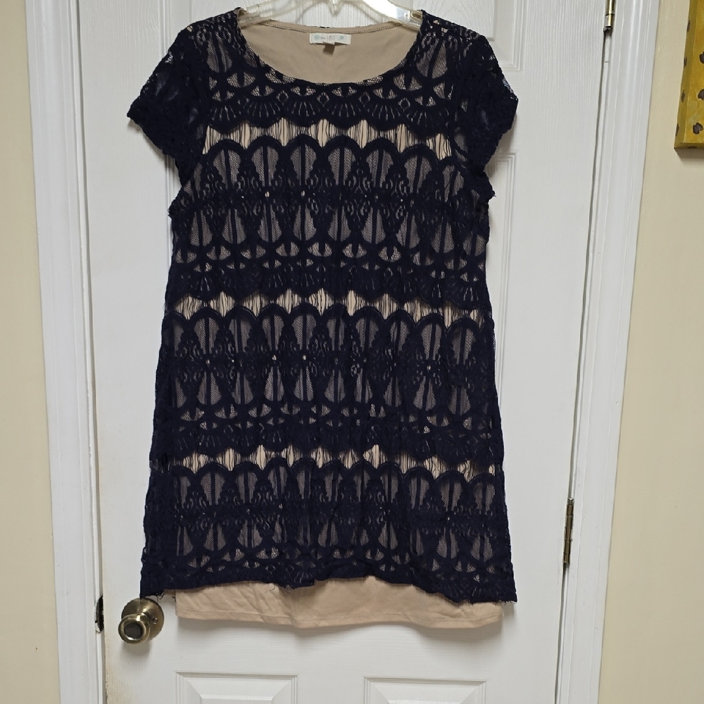 Chic Navy Lace Overlay Blouse
